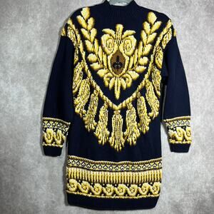 Marisa Christina Sweater Dress Womens Blue Gold Medallion Hand Knit Knee Length